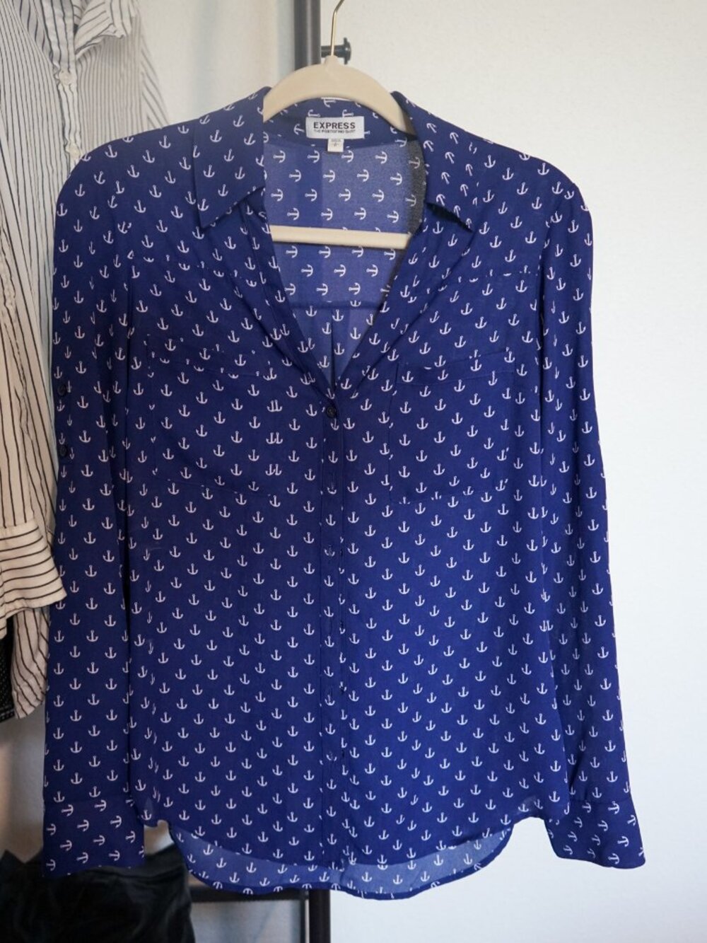 Express - The Portofino Shirt: Navy Blue with White Anchor P (Size Small Petite)